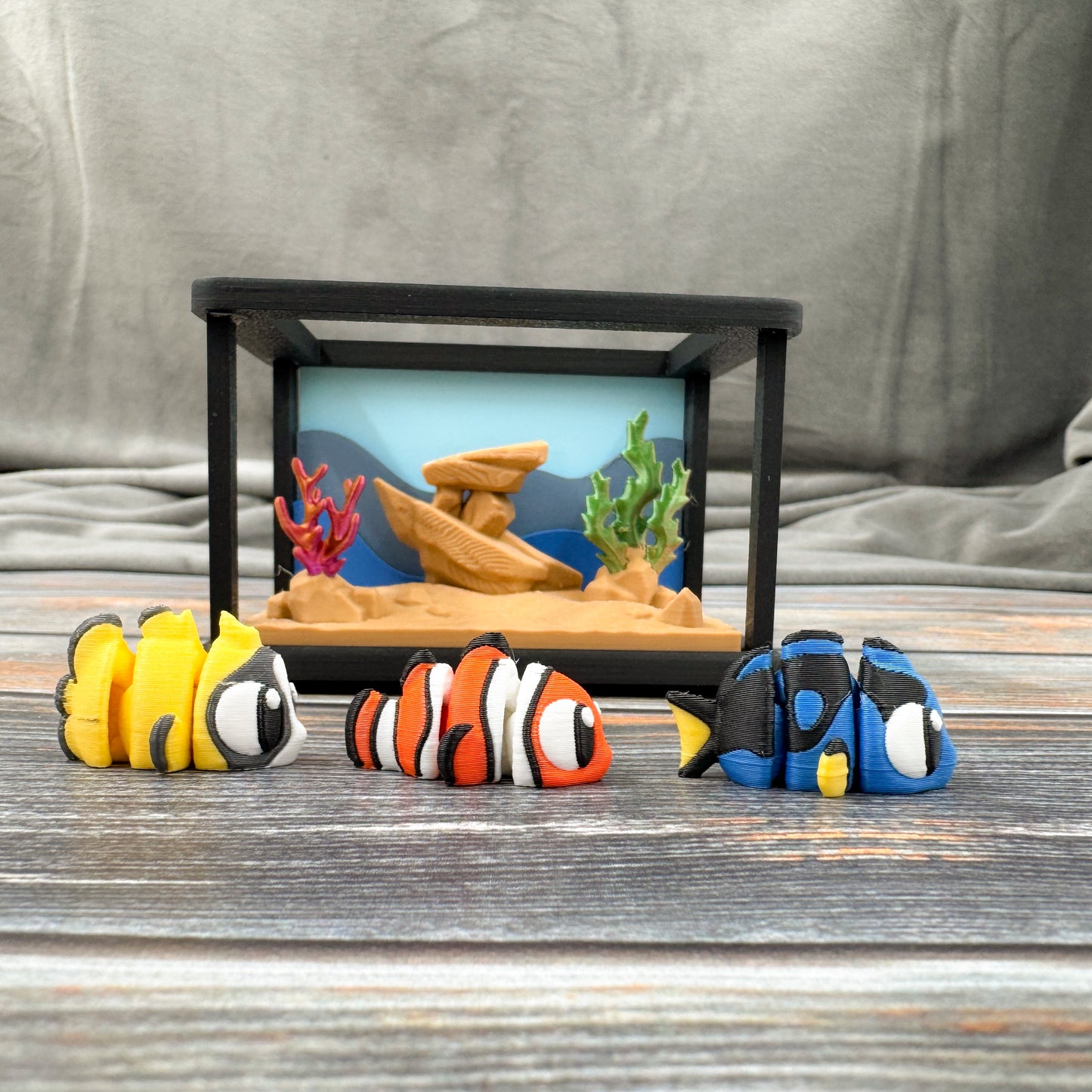 Fish Tank + 3 Fish 3D Printed Fidget Figure Diorama Set