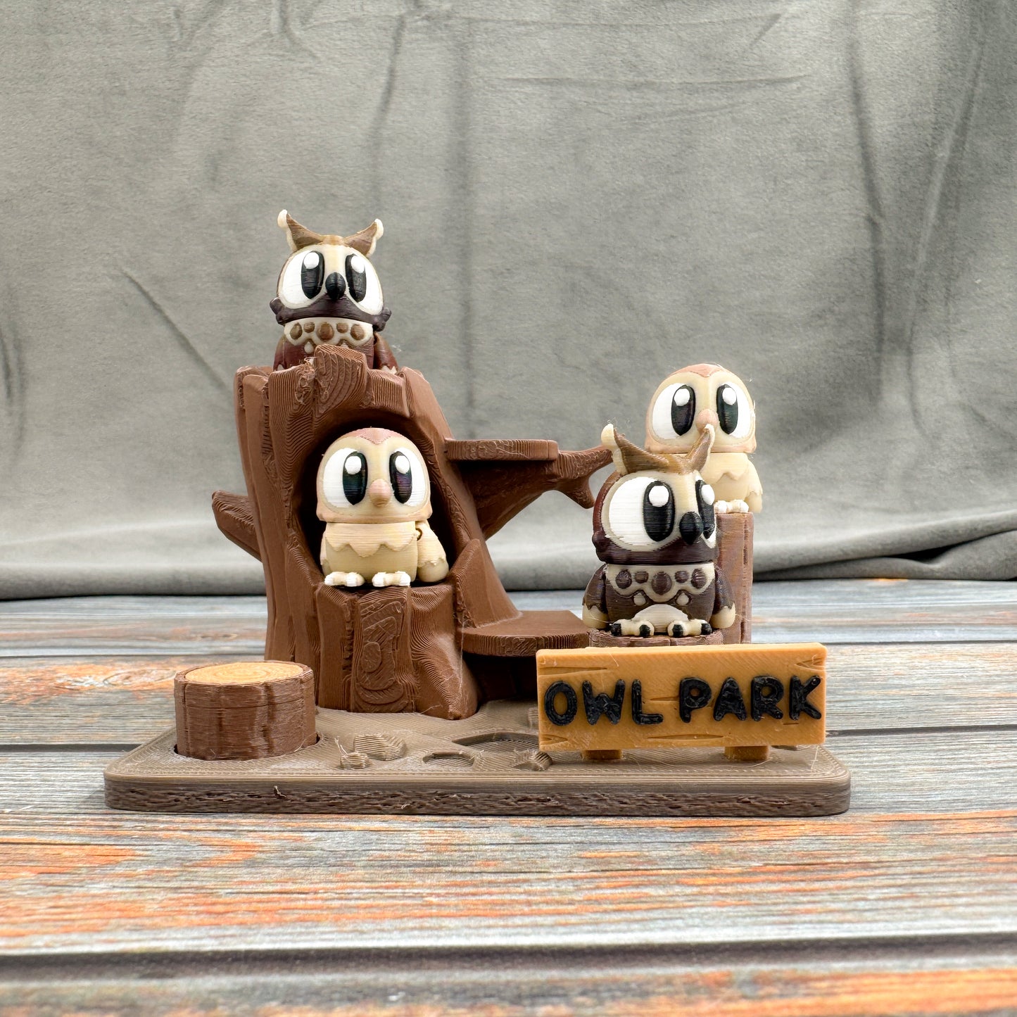 Owl Park + 4 Owls 3D Printed Fidget Figure Diorama Set