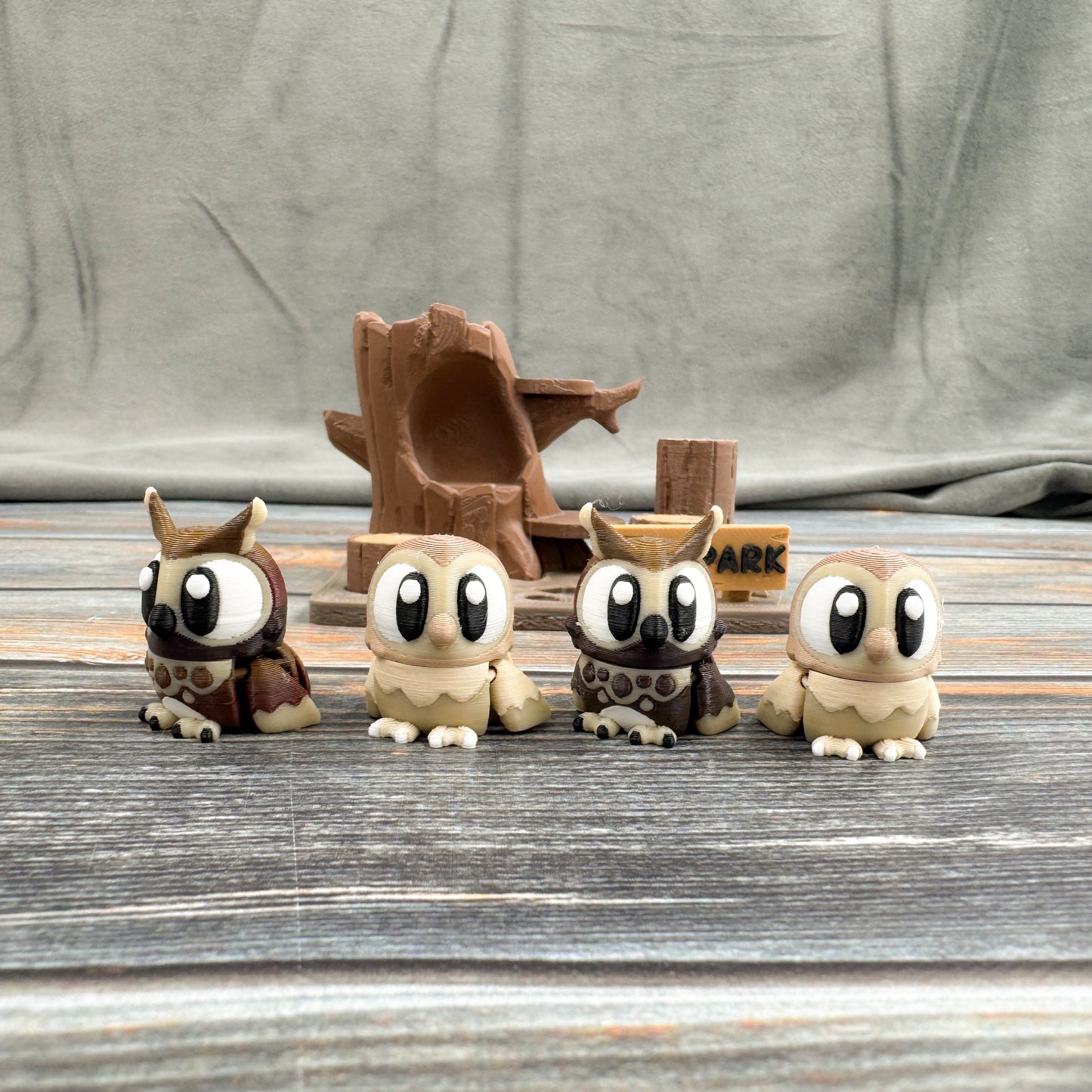 Owl Park + 4 Owls 3D Printed Fidget Figure Diorama Set