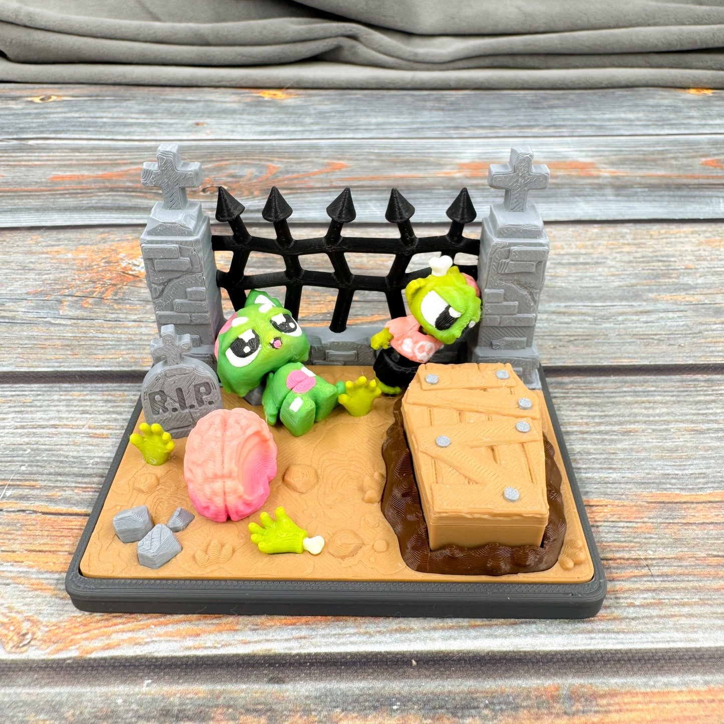 Zombie Graveyard + Zombie & Zombie Cat 3D Printed Fidget Figure Diorama Set