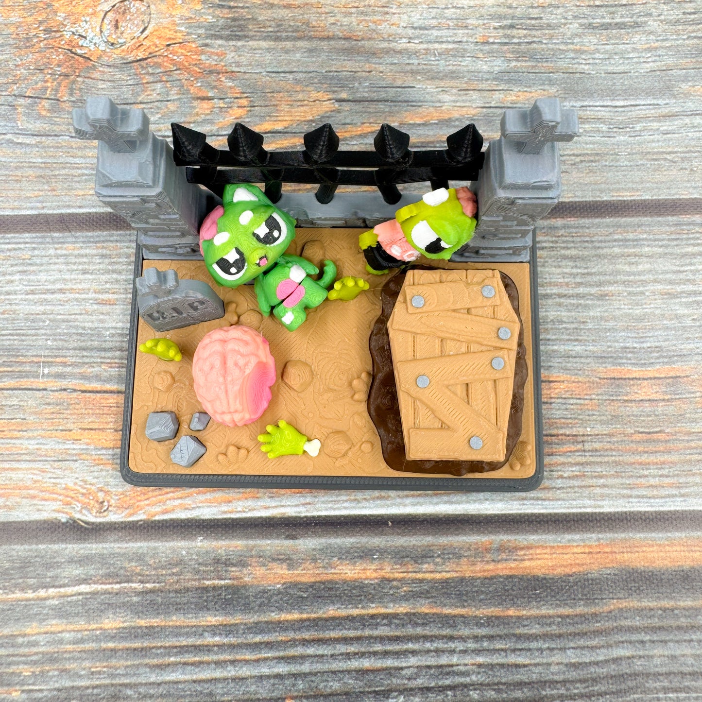 Zombie Graveyard + Zombie & Zombie Cat 3D Printed Fidget Figure Diorama Set