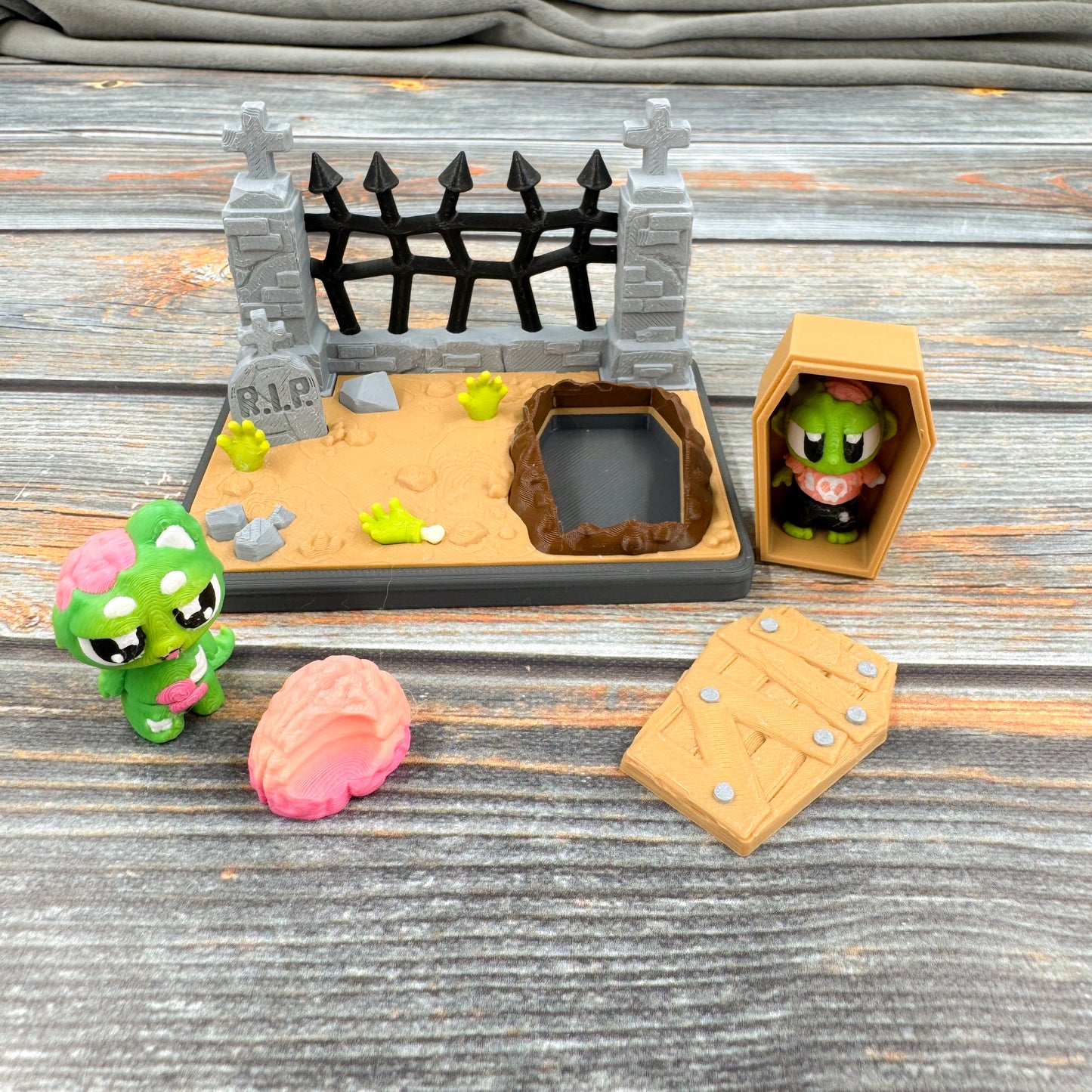Zombie Graveyard + Zombie & Zombie Cat 3D Printed Fidget Figure Diorama Set
