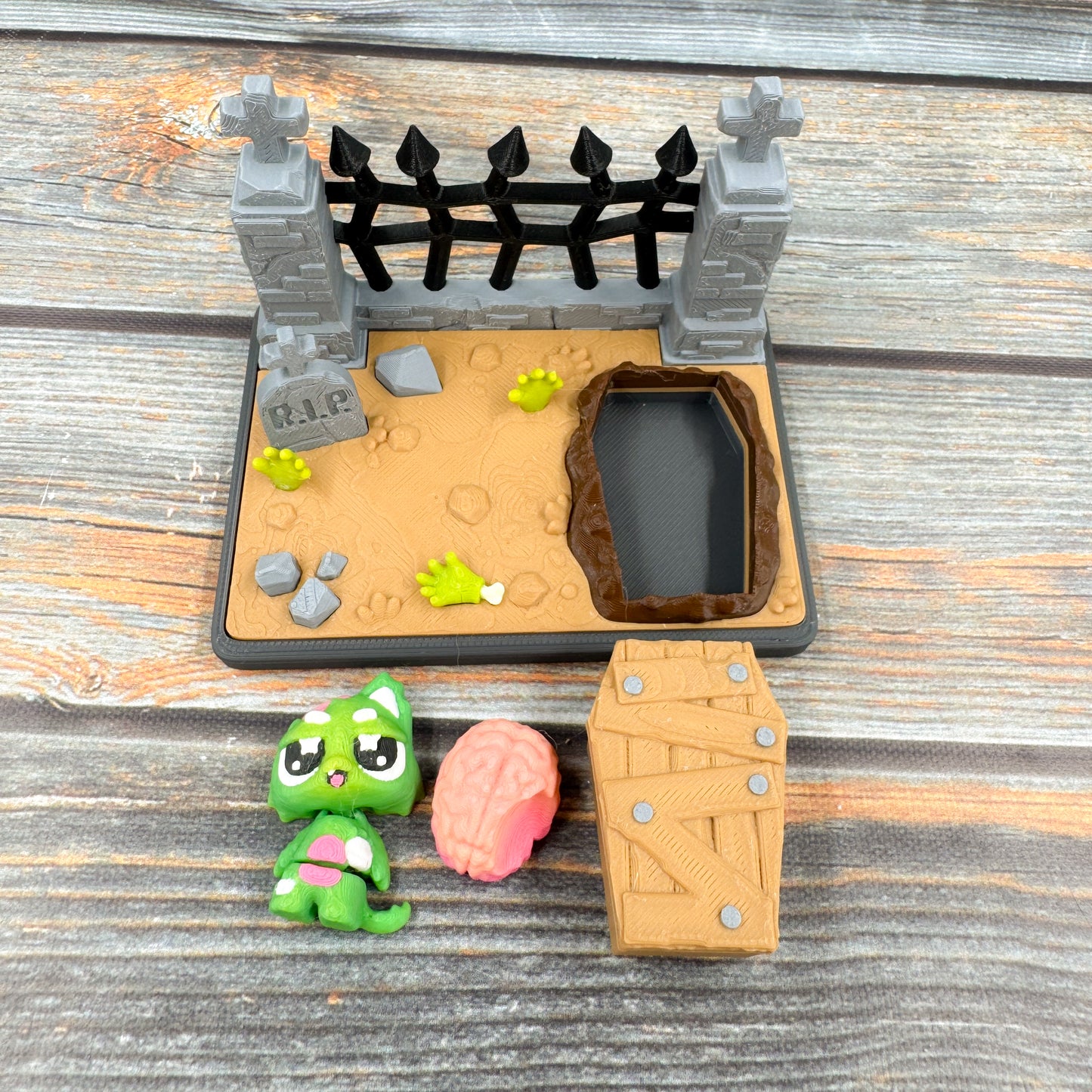 Zombie Graveyard + Zombie & Zombie Cat 3D Printed Fidget Figure Diorama Set